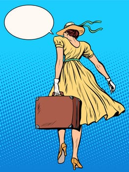 Lady traveler with suitcase pop art retro style. A girl carries baggage. The business concept of travel and tourism. Retro tourist