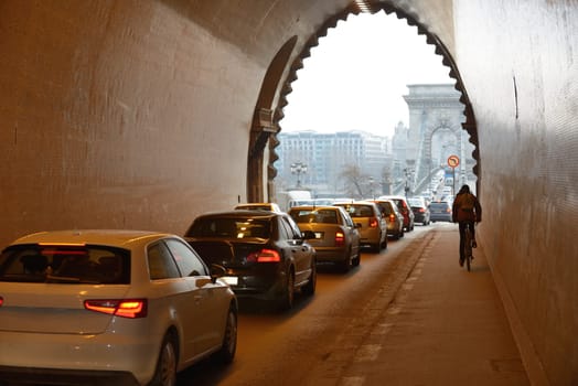 Traffic jam during rush hour in Budapest, Hungary. Bike is quicker.