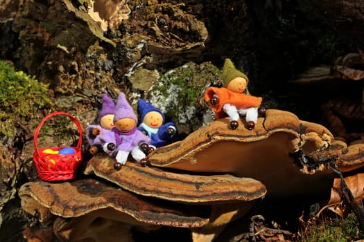 Four little gnomes with Easter eggs sit on a tree mushroom