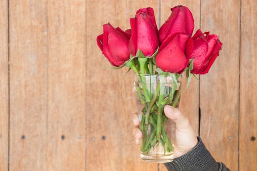Hand hold glass of red rose, stock photo