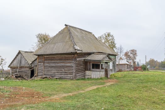 Dilapidated old wooden houses in the countryside.