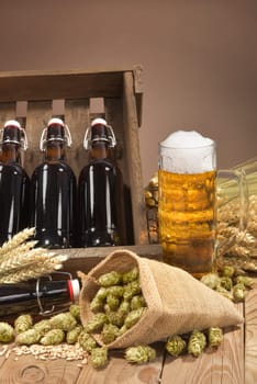 Beer box and beer glass with wheat,barley,hops and malt