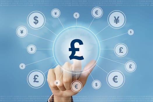 business hand pushing british pound currency button with global networking concept