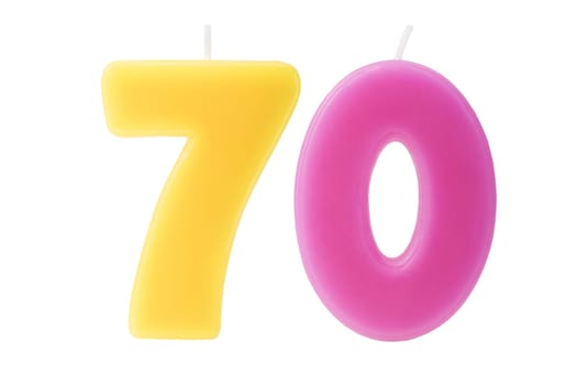 Colorful birthday candles in the form of the number 70 on white background