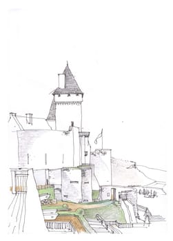 Old European town street fragment. The architecture and buildings. The medieval architecture. The French city. Etude