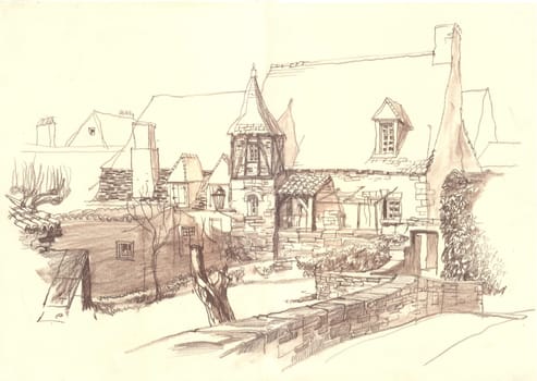 Old European town street fragment. The architecture and buildings. The medieval architecture. The French city. Etude