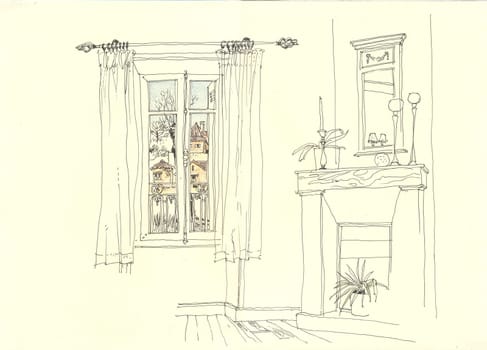 The window and interior. European old house. Bathroom