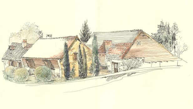 Rural landscape old house. European province. Rural France. Cute old house