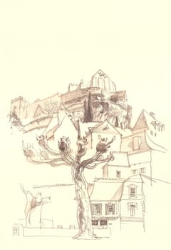 Old European town street fragment. The architecture and buildings. The medieval architecture. The French city. Etude