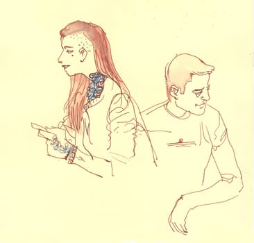 Young people a girl and a guy. Punks. Modern hairstyle. City scene
