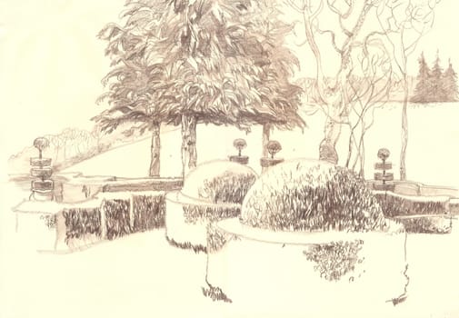 Rural old European Park. Lawn and manicured garden landscape. Provincial France