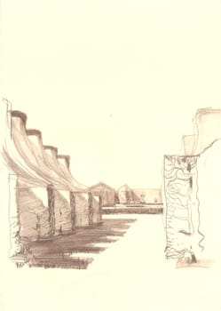 Wall in the yard. Provincial old Europe. Rural landscape