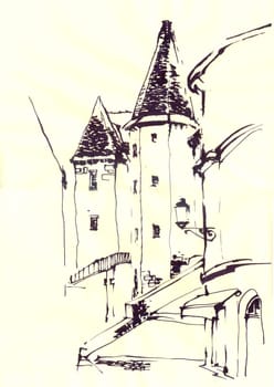 Old European town street fragment. The architecture and buildings. The medieval architecture. The French city. Etude