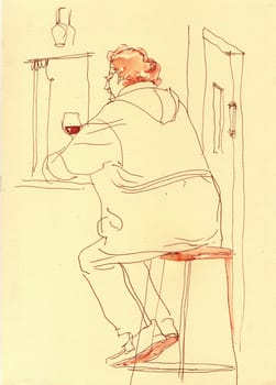 The wine tasting. A glass of wine. People in the restaurant