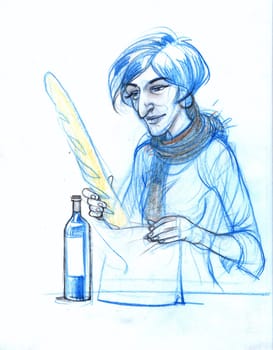 Woman with French bread. Graph drawing image. Eating and shopping