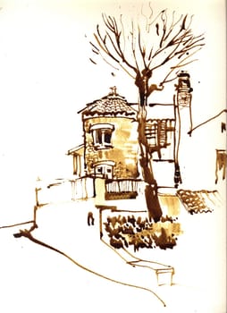 Old European town street fragment. The architecture and buildings. The medieval architecture. The French city. Etude