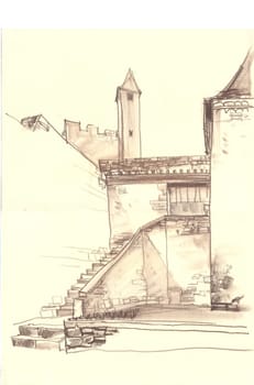 Old European town street fragment. The architecture and buildings. The medieval architecture. The French city. Etude