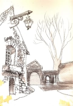 Old European town street fragment. The architecture and buildings. The medieval architecture. The French city. Etude