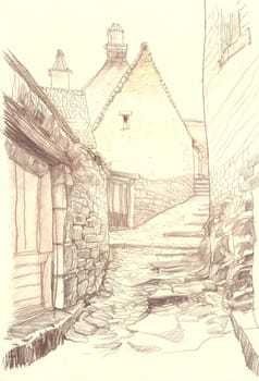 Old European town street fragment. The architecture and buildings. The medieval architecture. The French city. Etude