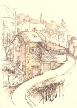 Old European town street fragment. The architecture and buildings. The medieval architecture. The French city. Etude