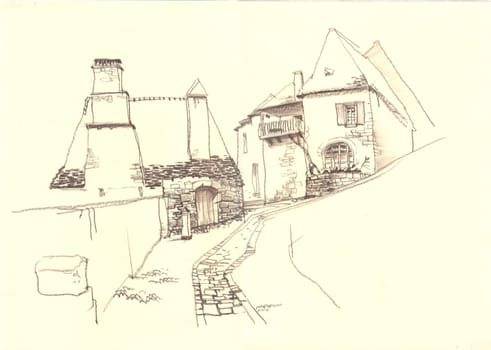 Old European town street fragment. The architecture and buildings. The medieval architecture. The French city. Etude