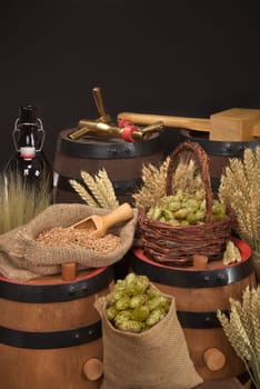 Beer barrels,beer bottle,hammer and tap with wheat,barley,hops and malt