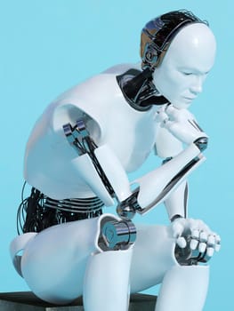 A male robot sitting and thinking, image 2. Blue background.