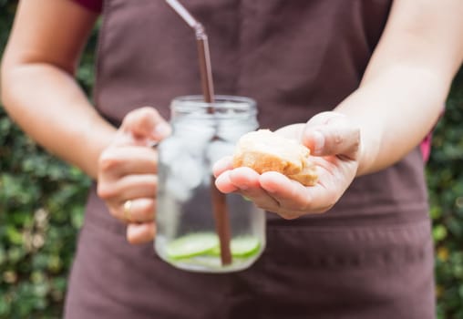Cashew nut cookies and lime Infused detox water, stock photo