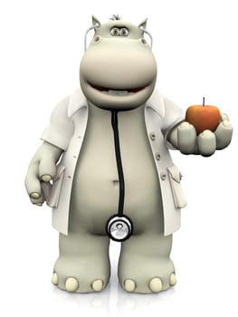 A smiling cartoon hippo dressed as doctor, holding an apple in his hand. An apple a day keeps the doctor away. White background.