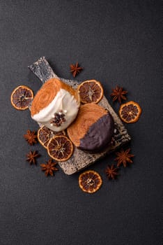 Round sweet New York roll croissant with chocolate cream filling on a dark concrete background