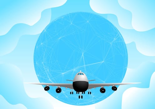 plane and earth against a blue sky with cloud