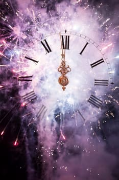 New Year's at midnight - Old clock with stars snowflakes and holiday lights