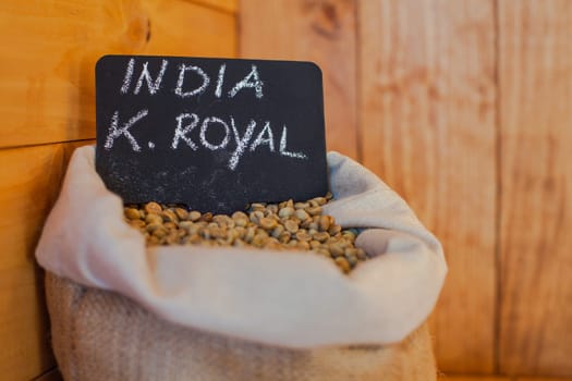 View of coffee beans inside the jute bag