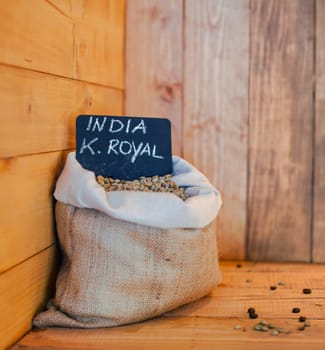 View of coffee beans inside the jute bag