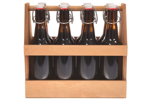 Wood Beer Carrier With Iron Inge closure Beer Bottles Insulated On White