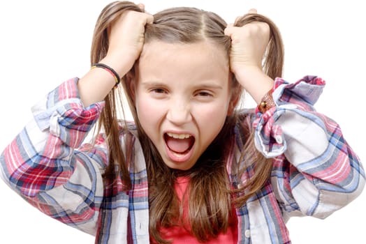 a portrait of a young angry caucasian female teen, on white.