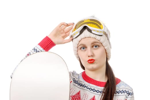 a beautiful woman with a snowboard in studio