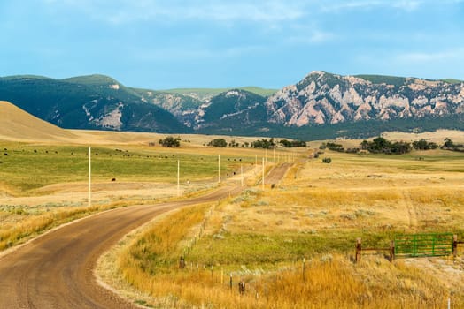 Dirt road leading through ranches to the Bighorn Mountains near Buffalo, Wyoming