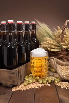 Beer box and beer glass with wheat,barley,hops and malt