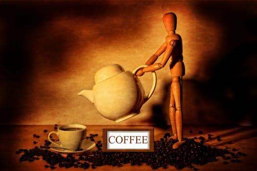Wooden figure gives coffee in cup with white coffee pot,stands on coffee beans with shield against brown background