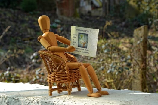 Brown wooden figure sits on terrace in rattan armchair and reads newspaper,fuzzy nature background