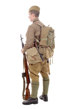 a young Soviet soldier with rifle on the white background