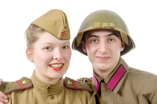 a portrait couple in Russian military uniform