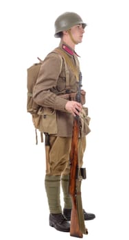 a young Soviet soldier with rifle on the white background
