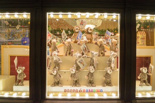 Moscow, Russia - January 05, 2016: Christmas toys in the shop window "Children GUM"" in Vetoshny lane"