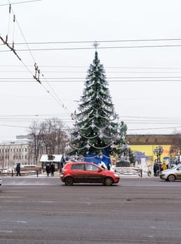 Moscow, Russia - January 05, 2016: Big Christmas tree with ornaments on Pushkin Square