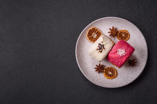 Round sweet New York roll croissant with several flavors cream filling on a dark concrete background