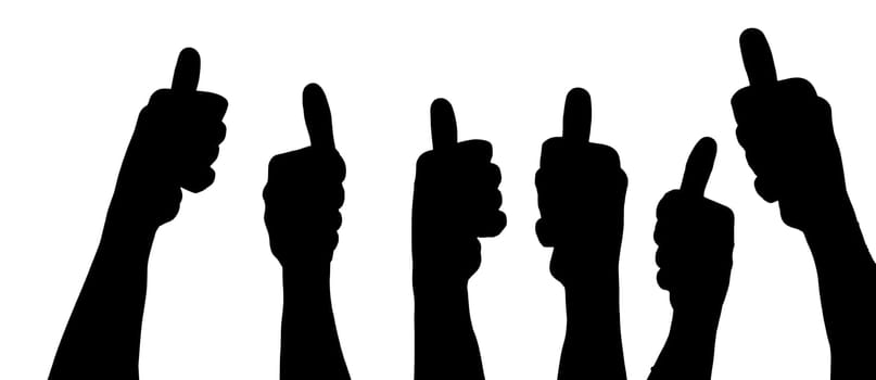 Silhouette of six hands with thumbs up on a white background
