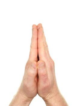 Male hands pressed together in a gesture of prayer in front of a white background. Two caucasian hands of a white man held next to each other isolated on white.