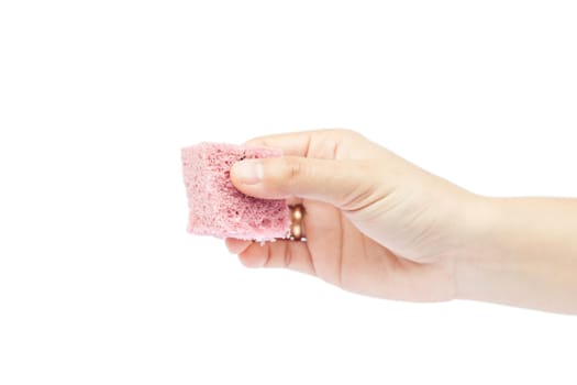 Woman's hand holding steamed cake on white background